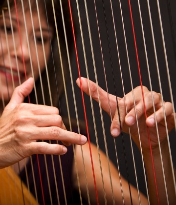 Catherine Way elegantly playing the harp